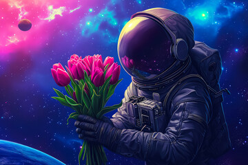 Astronaut in a Spacesuit with a Festive Bouquet of Pink Flowers in his Hands in Space. Illustration Concept for Celebrating Cosmonautics Day. Space Exploration, Satellite Launch, Flight to the Moon