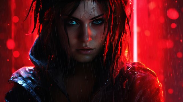 Futuristic ninja girl with red light wet hair in the background AI generated image