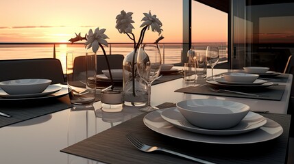a romantic dinner on a yacht at sea, exquisite tableware, serving, decor and the contrast between the modern design of the yacht and the natural beauty of the sunset.