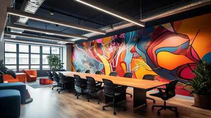 Interior photography of a stylish corporate open plan office with colorful abstract prints on the...