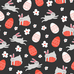 Seamless pattern of Easter bunnies, flowers and painted eggs in cartoon style