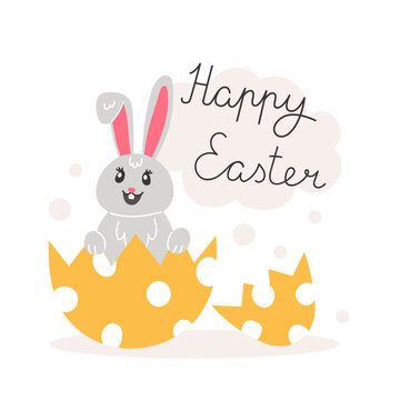 Easter illustration with rabbit and painted eggs for the holiday in cartoon style