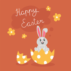 Easter illustration with rabbit and painted eggs for the holiday in cartoon style