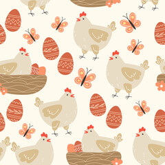 Seamless pattern of flowers, chicken and easter eggs in cartoon style - obrazy, fototapety, plakaty