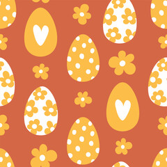 Seamless pattern of flowers and easter eggs in cartoon style - obrazy, fototapety, plakaty