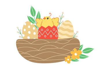 Easter illustration with chicks and painted eggs in a nest for the holiday in cartoon style