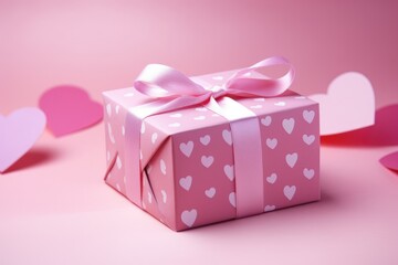 Obraz premium A charming pink gift box adorned with heart designs, suitable for expressing love and celebrating memorable moments, Gift box wrapped in pink paper with small hearts design, AI Generated