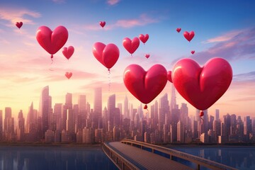 A mesmerizing sight of a multitude of vibrant balloons gracefully soaring above a bustling urban landscape, Giant heart balloons filling up a city skyline on Valentine's day, AI Generated - obrazy, fototapety, plakaty