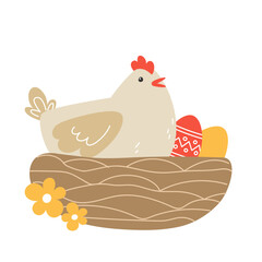 Easter illustration with a hen and painted eggs in a nest for the holiday in cartoon style