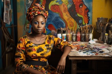 An African woman is sitting in an art studio near a lot of drawings