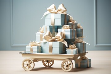 A small cart stacked with presents, ready to transport gifts to their recipients during the holiday season, Gift boxes with fancy bows stacked in a cart, AI Generated