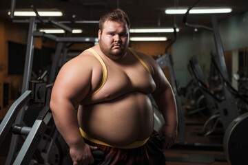 Fototapeta na wymiar A very fat man is in training at the gym