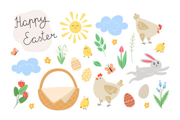 Easter set of elements with chickens, painted eggs and spring flowers in cartoon style