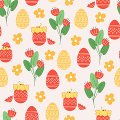Seamless pattern of flowers, chickens and easter eggs in cartoon style
