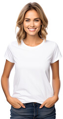 Fototapeta premium woman model dressed in a white t-shirt and denim jeans illustration PNG element cut out transparent isolated on white background ,PNG file ,artwork graphic design.