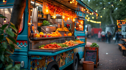 A food truck amidst the bustling city festival, offering a diverse menu of street food for the urban crowd to enjoy. - obrazy, fototapety, plakaty