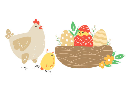 Easter illustration with a hen, chicks and painted eggs in a nest for the holiday in cartoon style