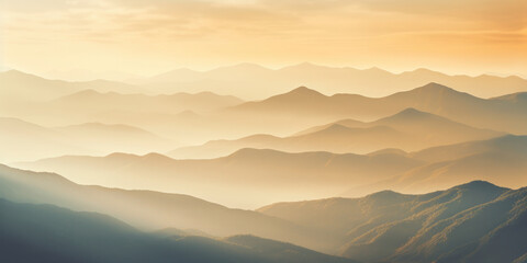 Obraz premium Misty mountain landscape at sunrise, blending fog, trees, and hills in a serene and scenic beauty.
