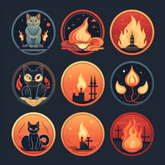 a collection of round icons with cats and fire