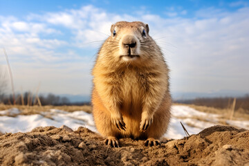 A marmot climbed out of a hole in a glade in early spring