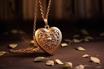A heart shaped lock adorns a table, serving as a powerful symbol of love and commitment, Golden locket with an intricate vintage design, AI Generated