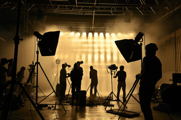 Silhouette people working in studio with equipment and lighting for making movie or commercial	