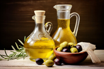 Obraz na płótnie Canvas Bottle of olives oil on wooden table