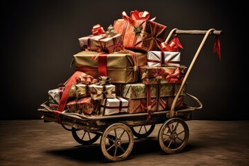 Wagon Filled With an Abundance of Beautifully Wrapped Presents for a Joyous Occasion, Gorged cart with presents, showcasing a variety of wrapping styles, AI Generated