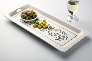 olives with soft drink on white tray