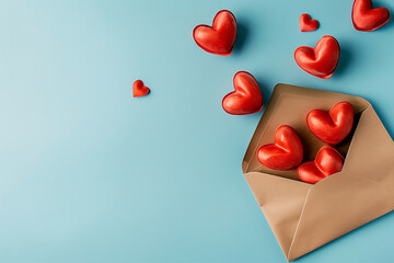 Envelope with red hearts on a blue background. Top view. Valentine's Day greeting concept. - obrazy, fototapety, plakaty