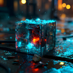 Abstract 3d rendering of an electric futuristic cube with blue light.on a dark background.