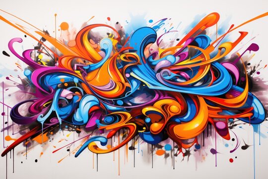 An image showing a vibrant painting created with colorful paint on a white wall, Graffiti inspired abstract backdrop, AI Generated
