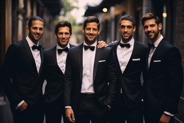 A group of elegantly dressed men in formal tuxedos arranged themselves for a photograph, Groomsmen in dapper black suits and bow ties, AI Generated - Powered by Adobe