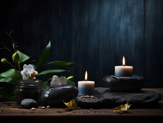 Moody picture of a zen inspired spa scene with candles on a dark background 