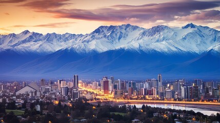 A city's skyline with a backdrop of mountains