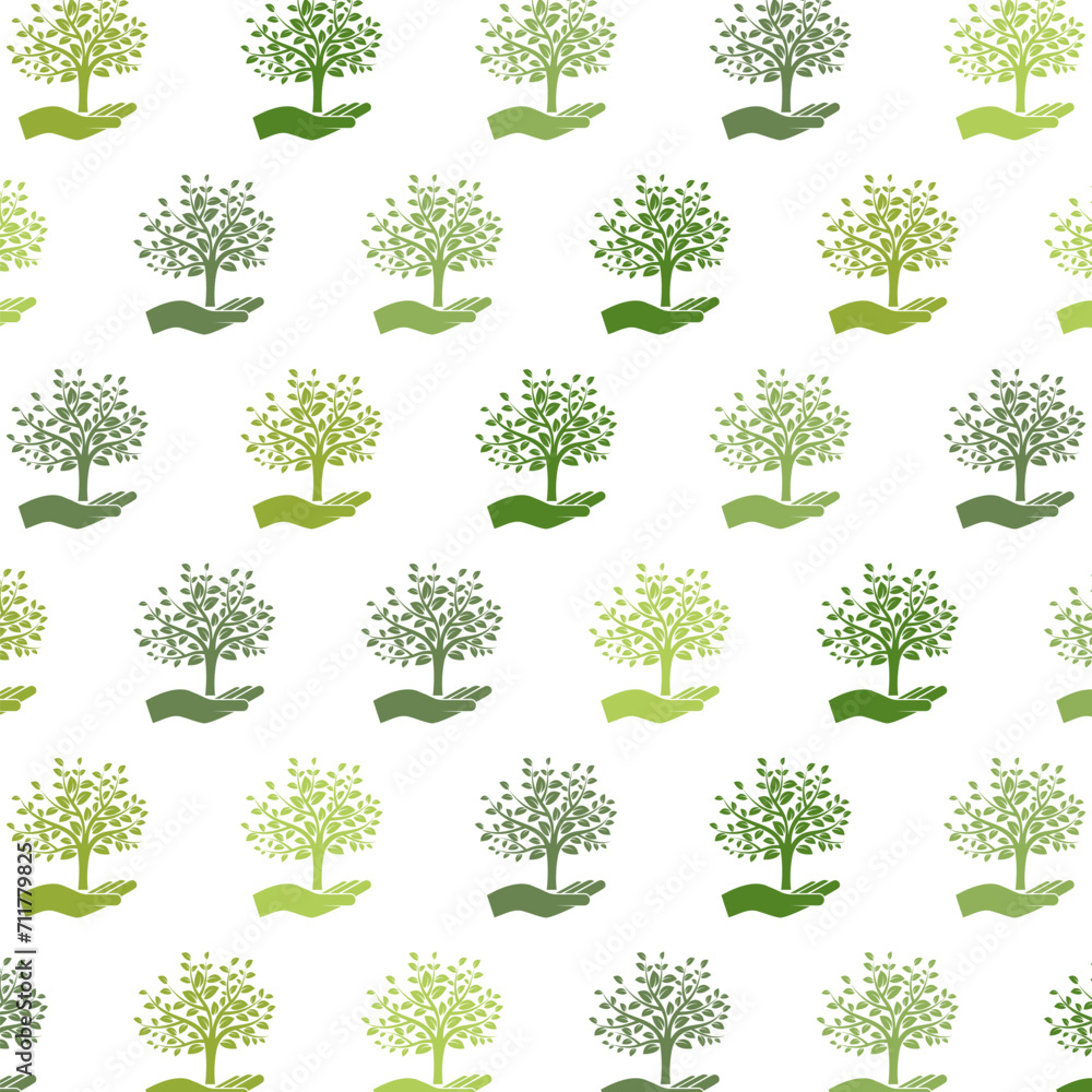 Poster hand with a tree seamless pattern isolated on white