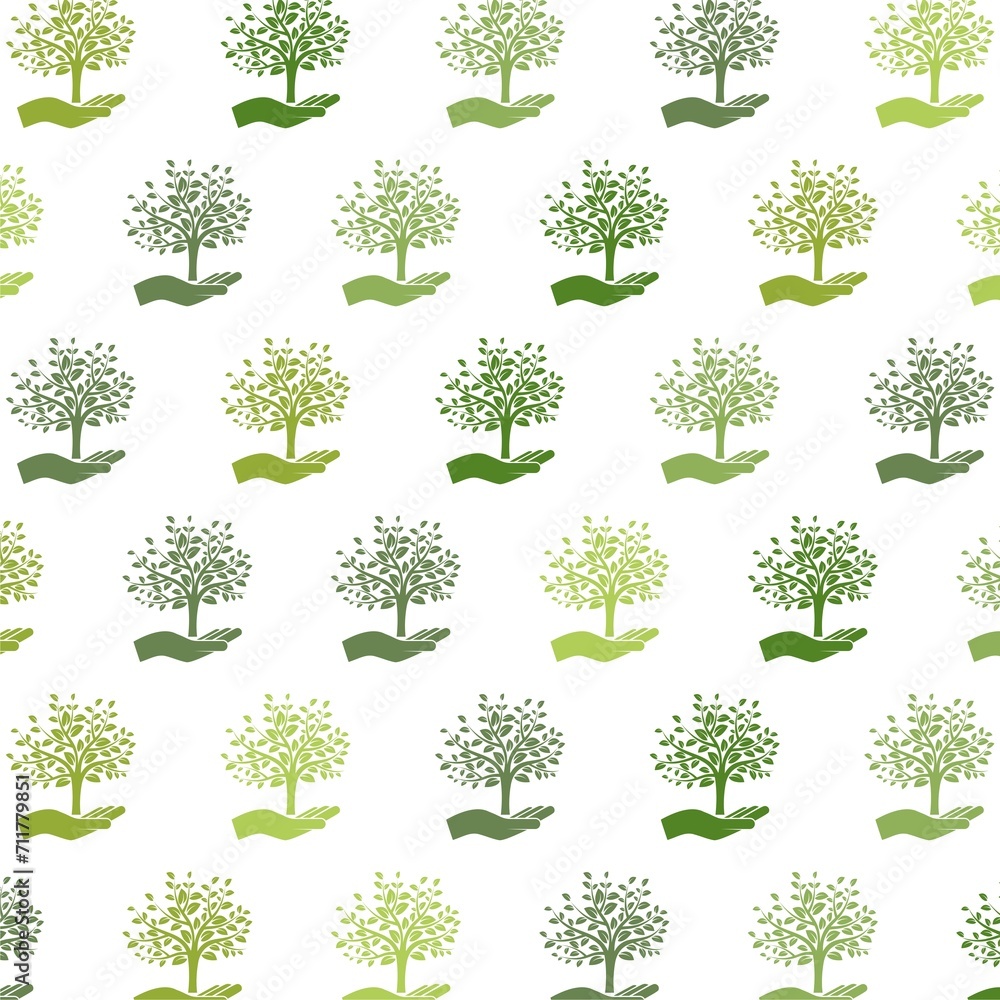 Poster hand with a tree seamless pattern isolated on white
