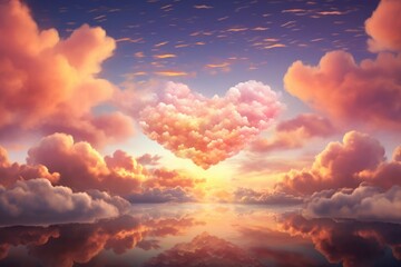 An artistic portrayal of a heart-shaped cloud suspended in a clear blue sky, Heart-shaped clouds predicting a day filled with love, AI Generated
