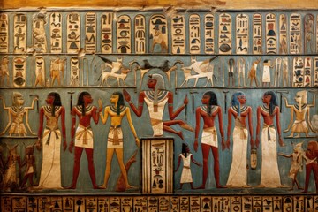 Obraz na płótnie Canvas Paintings Depicting Ancient Egyptian Scenes on Wall of Temples and Tombs, Hieroglyphics depictions on an Egyptian tomb telling elaborate narratives, AI Generated