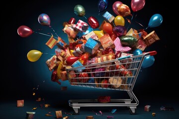A shopping cart bursting with colorful gifts and balloons, ready for a festive celebration, High angle view of an abundantly filled shopping cart with wrapped surprises, AI Generated