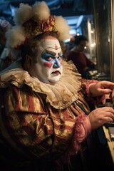 Obraz premium A fat artist in a suit delicately applies makeup looking in the mirror before performing in a theater