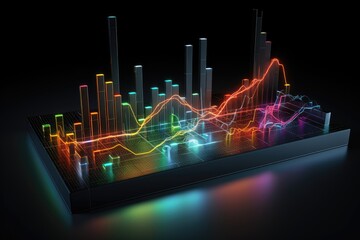 An inviting display filled with a multitude of vivid and vibrant lights that create a captivating visual experience, High-tech 3D model of a stock market graph, AI Generated