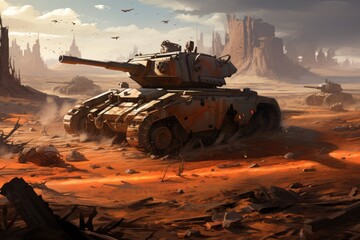 A squadron of military tanks maneuvering in a vast desert terrain during a military operation, Huge armored tanks rumbling across a war torn landscape, AI Generated - obrazy, fototapety, plakaty