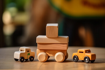 Wooden toy cars with wood blocks on table. Montessori toys for children. Eco friendly plastic free toys for toddler