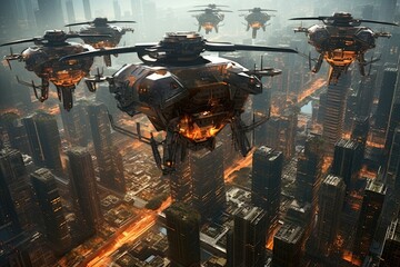 An image capturing a bustling futuristic city with an array of flying vehicles soaring through the sky, Hybrid helicopter drones in a vertical city, AI Generated