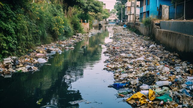 Polluted urban canal with trash and pollutants © Cloudyew