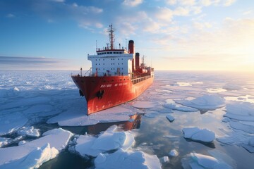 A massive red boat floats gracefully on top of the icy, cold waters, Icebreaker ship making its way through the frozen Arctic Ocean, AI Generated