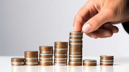A businessman holds coins, and a graph shows financial success, investments, funds, and stock market concepts of interest rates and dividends.