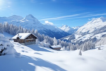 Fototapeta na wymiar A house nestled amidst a snowy mountain landscape, providing a serene and tranquil getaway, Idyllic Swiss Alps with a blanket of fresh snow, AI Generated