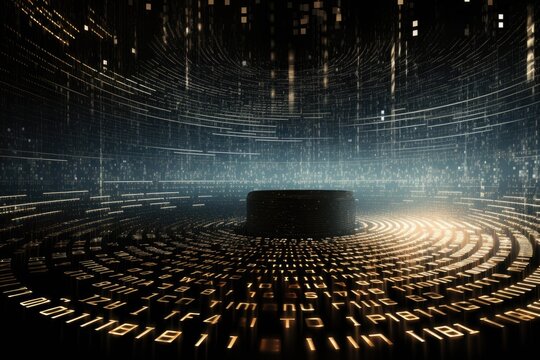 A large, well-lit room filled with a multitude of numbers covering the walls, Illusion of endless binary code creating a technological vortex, AI Generated